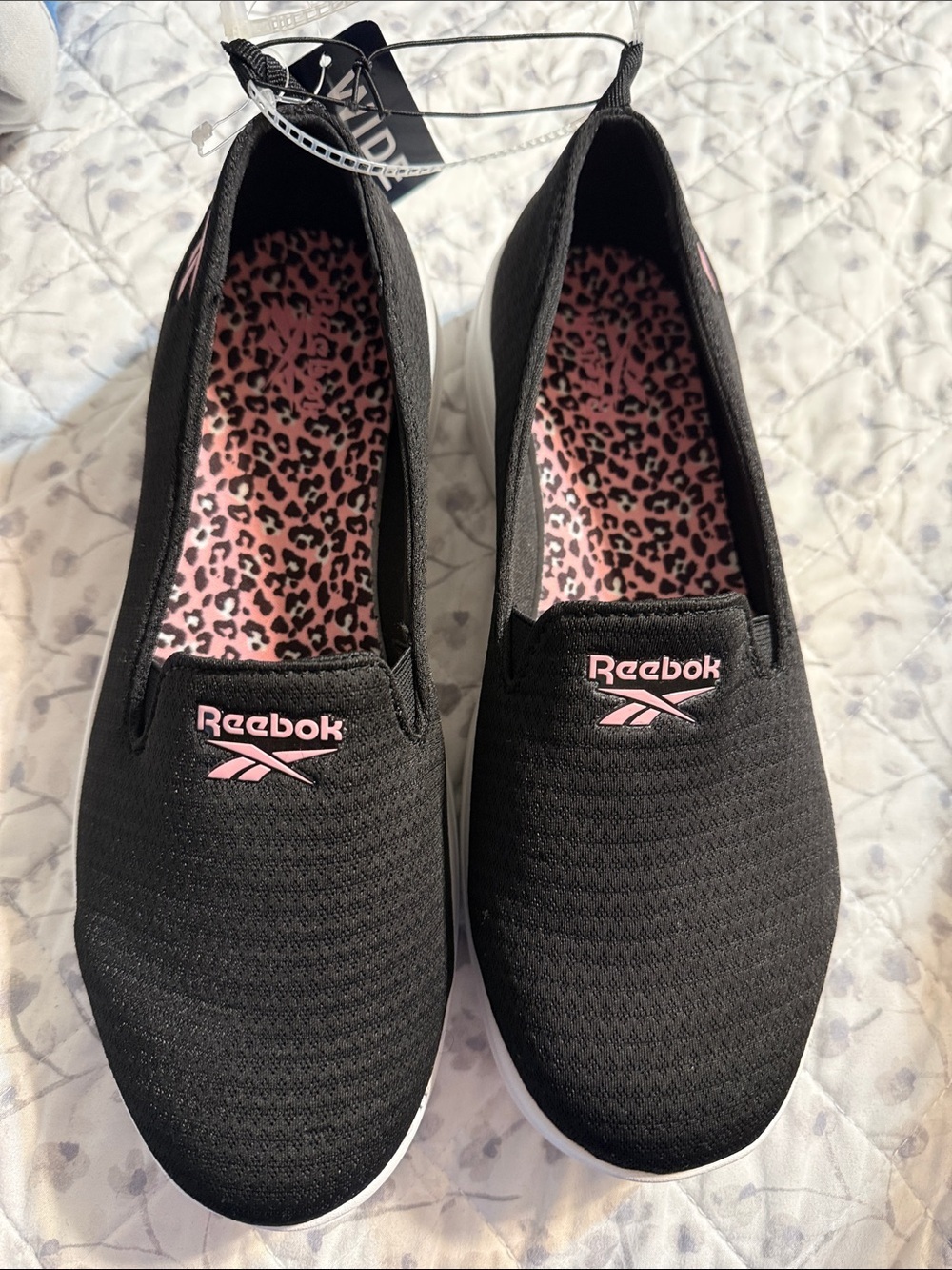 Reebok Women’s Black Slip-On Sneakers with Pink Logo and Leopard Insole 9